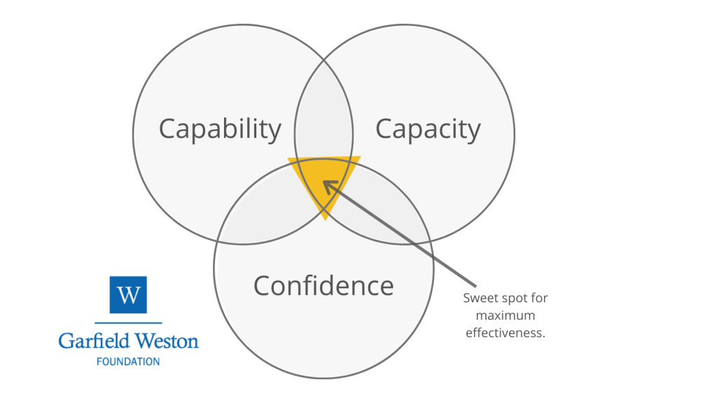 Venn diagram showing the intersection between capability, capacity and confidence.