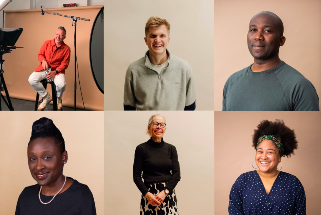 Composite photo of six diverse people, looking happy.